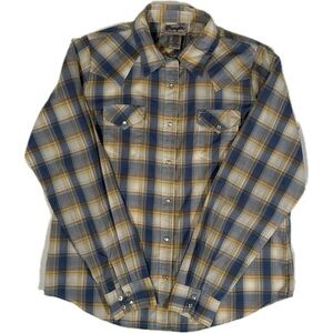 Vintage WRANGLER Wrancher Shirt Blue Plaid Pearl Snap Western Rodeo Shirt Size L